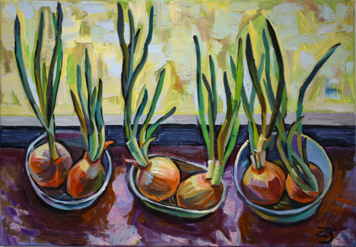 Painting titled "green onion," by Zora, Original Artwork, Oil Mounted on Wood Stretcher frame