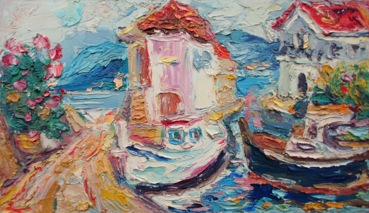 Painting titled "Ships in the port o…" by Zoran Andrić, Original Artwork, Oil