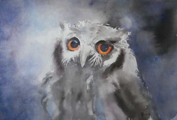 Painting titled "owl-2-akvarel-27x38…" by Zoran Mihajlovic (Muza), Original Artwork, Watercolor