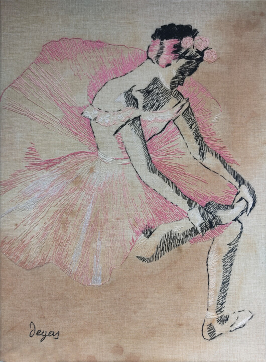 Painting titled "Ballerina in pink" by Zoia Ahatina, Original Artwork, Embroidery Mounted on Wood Stretcher frame