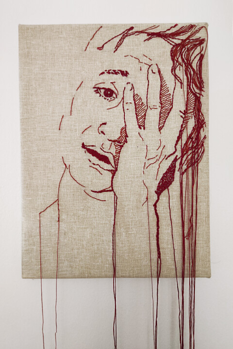 Textile Art titled "Despair" by Zoia Ahatina, Original Artwork, Embroidery Mounted on Wood Stretcher frame