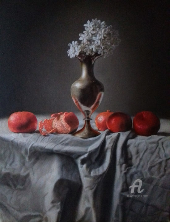 Painting titled "flores y mandarinas" by Sergio Zoso, Original Artwork, Oil Mounted on Wood Panel