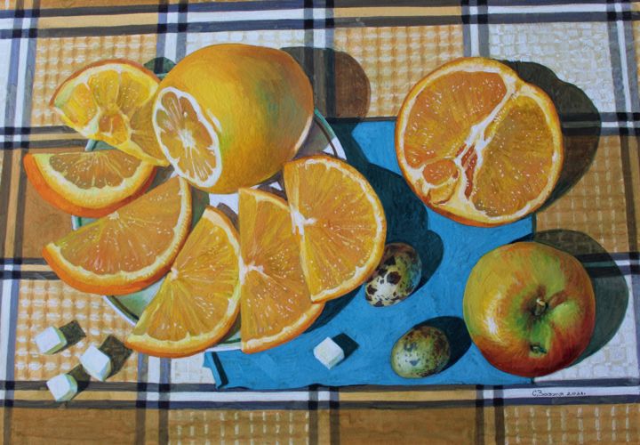 Schilderij getiteld ""Апельсиновый рай"" door Sergei Zozulia, Origineel Kunstwerk, Gouache