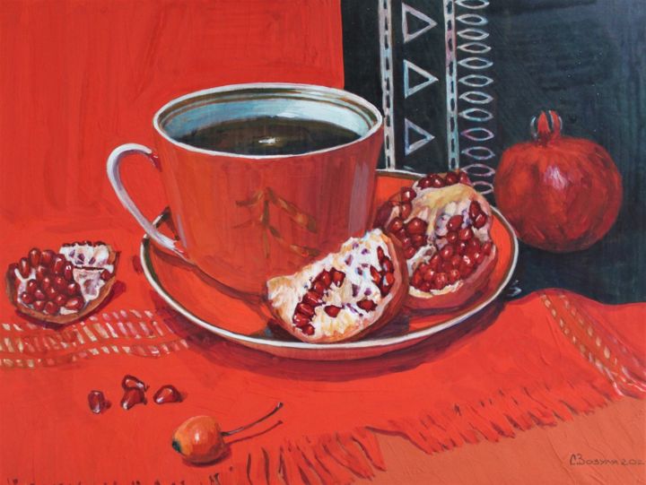 「"Красный натюрморт"」というタイトルの絵画 Сергей Зозуляによって, オリジナルのアートワーク, グワッシュ水彩画