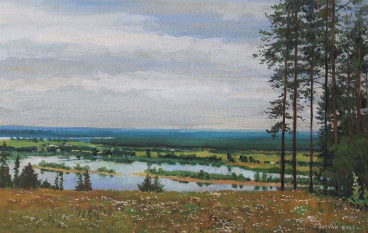 「"Река Кама. Ромашки"」というタイトルの絵画 Сергей Зозуляによって, オリジナルのアートワーク, グワッシュ水彩画