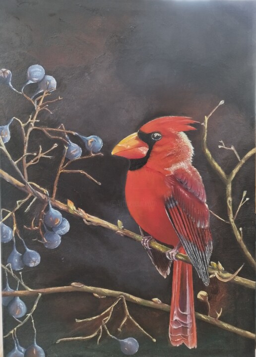 Painting titled "Red Cardinal" by Zsanett Sándor, Original Artwork, Oil Mounted on Other rigid panel