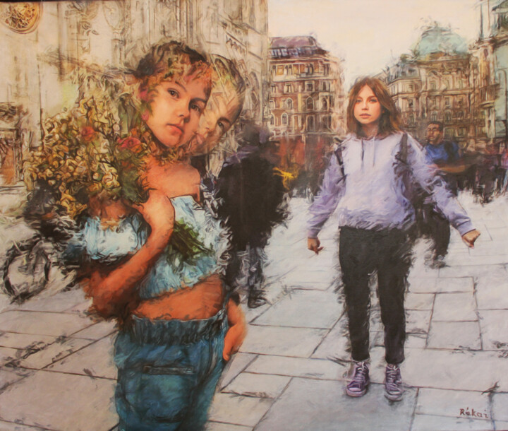 Painting titled "Lányok a térről" by Zsolt Rékai, Original Artwork, Oil