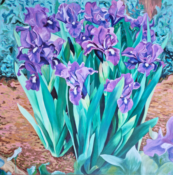 Painting titled "Purple Irises" by Zulfiya Mukhamadeyeva, Original Artwork, Oil Mounted on Wood Stretcher frame