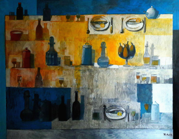 Painting titled "Still Life by the S…" by Zurab Gikashvili, Original Artwork, Oil