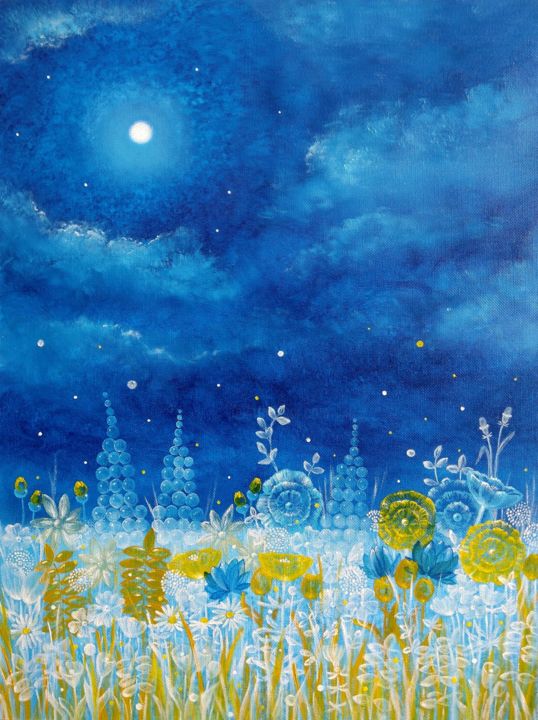 Painting titled "Meadow in fullmoon" by Zuzana Šmehylová, Original Art, Oil