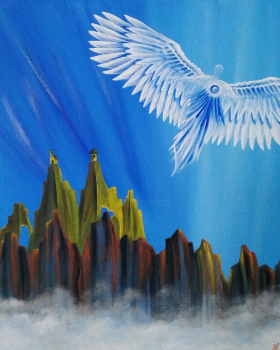 Painting titled "Angel beyond a hill" by Zuzana Šmehylová, Original Artwork, Oil