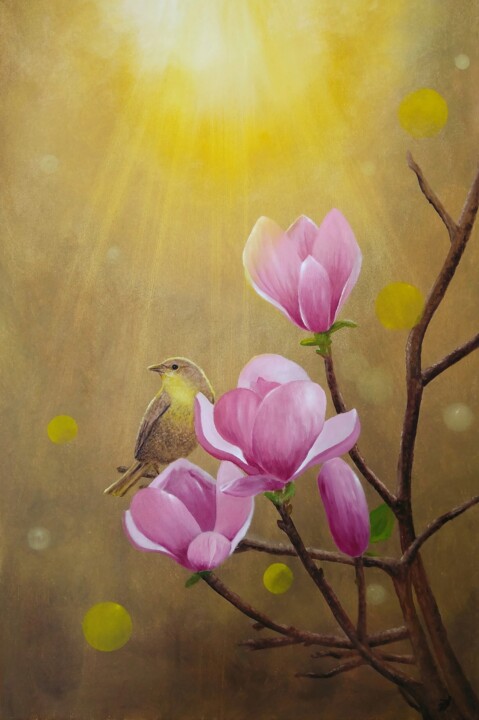 Peinture intitulée "Bird and magnolias" par Zuzana Šmehylová, Œuvre d'art originale, Huile