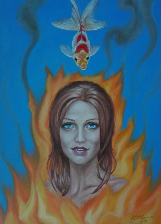Картина под названием "Flaming with a fish" - Helena Zyryanova, Подлинное произведение искусства, Масло