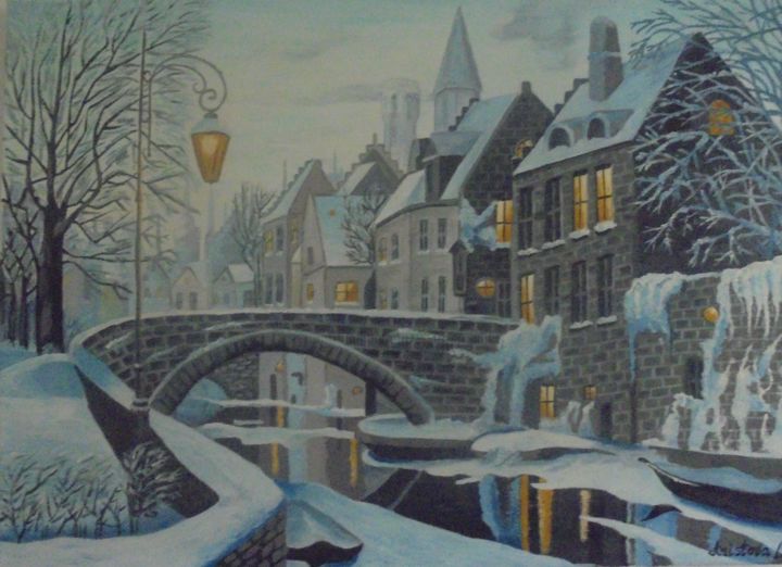 「Bruges in winter wi…」というタイトルの絵画 Liubov Aristovaによって, オリジナルのアートワーク, オイル