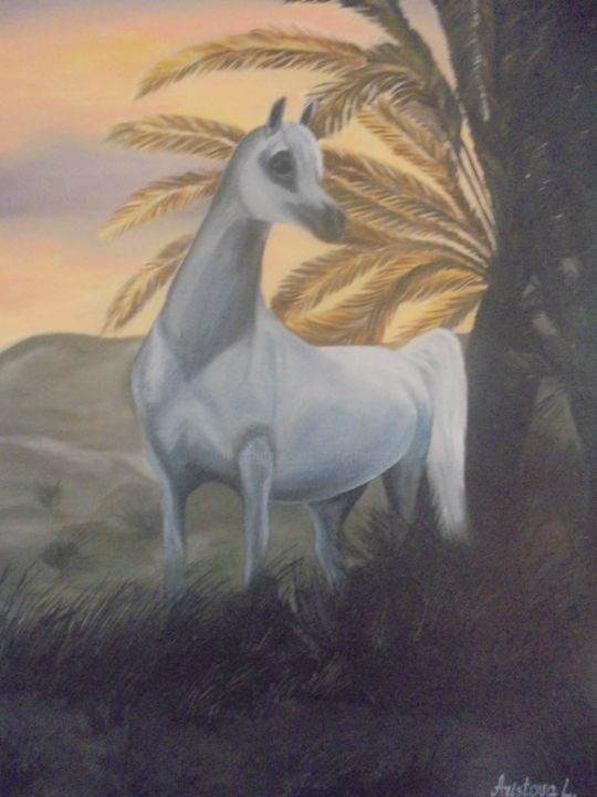 Painting titled "White Arabian horse…" by Liubov Aristova, Original Artwork, Oil