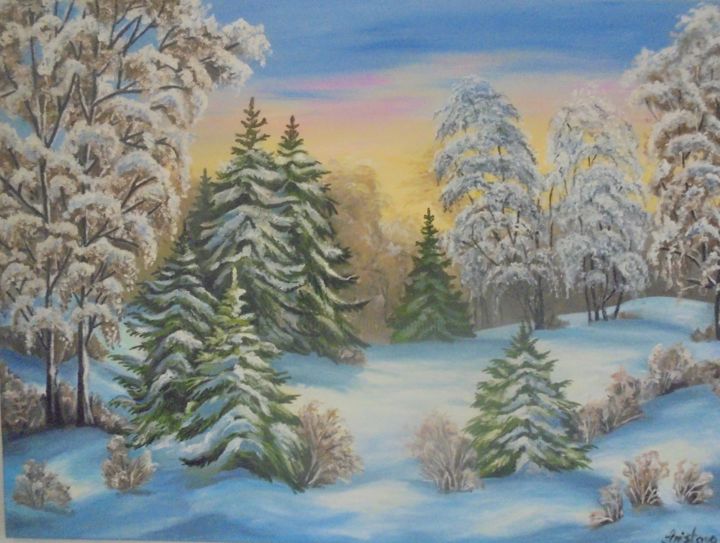 Schilderij getiteld "snow landscape fore…" door Liubov Aristova, Origineel Kunstwerk, Olie