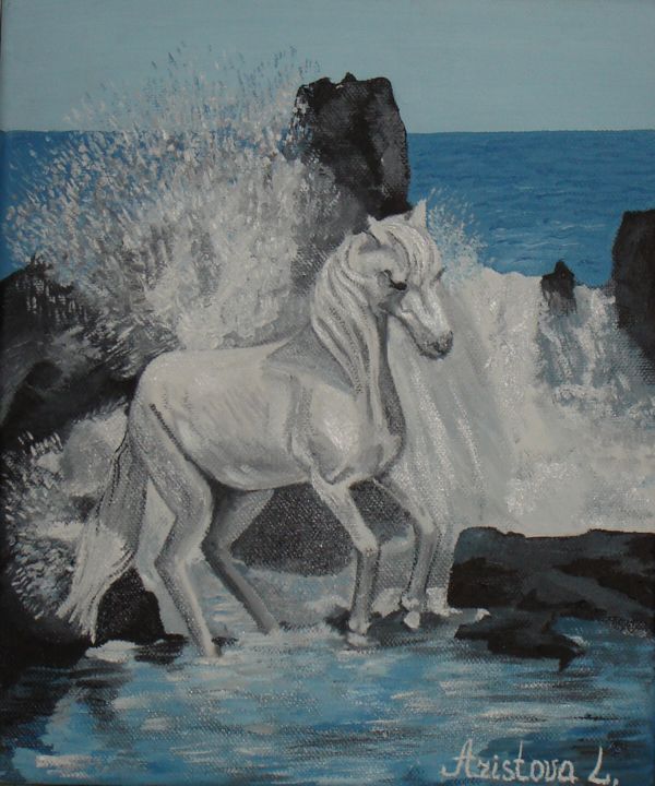 Painting titled "Horse running by th…" by Liubov Aristova, Original Artwork, Oil