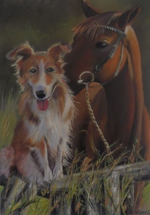 Painting titled "Dog & horse" by Liubov Aristova, Original Artwork, Oil