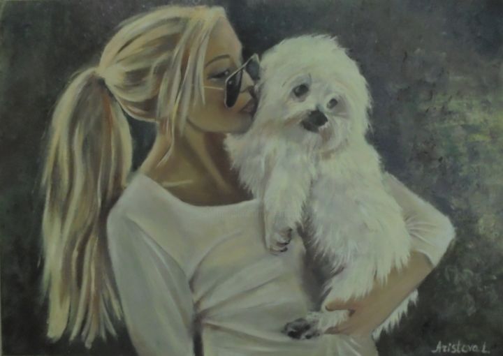 Painting titled "Girl with her Westie" by Liubov Aristova, Original Artwork, Oil
