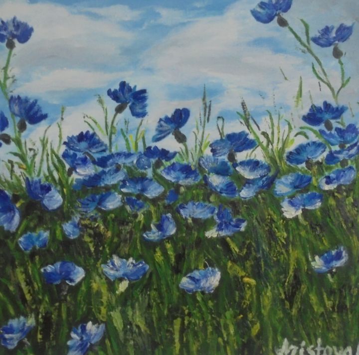 Painting titled "Flower field 3D" by Liubov Aristova, Original Artwork, Oil