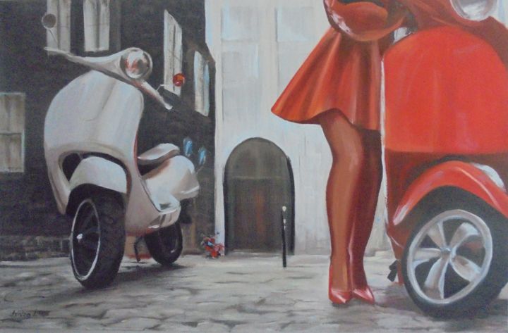 Pintura titulada "The vespa girl" por Liubov Aristova, Obra de arte original, Oleo