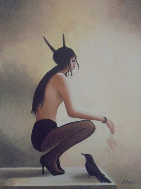 Painting titled "Fantasy girl with c…" by Liubov Aristova, Original Artwork, Oil