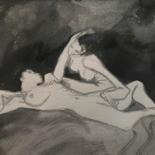 Dessin intitulée "Tendresse féminine" par Alain Godefroid, Œuvre d'art originale, Aquarelle Monté sur Carton