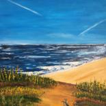 Painting titled "Beach and yellow fl…" by Adriana Tamy Saito, Original Artwork, Oil Mounted on Wood Stretcher frame