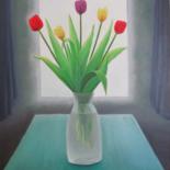 Painting titled "Tulips by the window" by A.Gökhan Yaşar, Original Artwork, Oil Mounted on Wood Stretcher frame