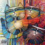 Malerei mit dem Titel "Three happy cats" von Albena Vatcheva, Original-Kunstwerk, Öl Auf Keilrahmen aus Holz montiert