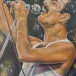 Painting titled "Freddie Mercury Live" by Albert Riera, Original Artwork, Airbrush Mounted on Wood Panel