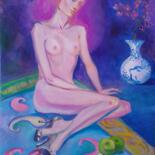 Painting titled "Woman with Pink Hair" by Alfia Kircheva, Original Artwork, Oil Mounted on Wood Stretcher frame