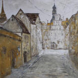 Painting titled "Old city street" by Alla Ronikier, Original Artwork, Oil Mounted on Wood Stretcher frame