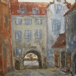 Schilderij getiteld "House with arch" door Alla Ronikier, Origineel Kunstwerk, Olie Gemonteerd op Frame voor houten brancard