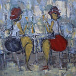 Painting titled "Over a cup of coffee" by Alla Ronikier, Original Artwork, Oil Mounted on Wood Stretcher frame