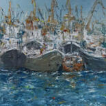 Schilderij getiteld "Sea port" door Alla Ronikier, Origineel Kunstwerk, Olie Gemonteerd op Frame voor houten brancard