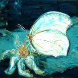 Painting titled "White butterfly" by Alla Ronikier, Original Artwork, Oil Mounted on Wood Stretcher frame
