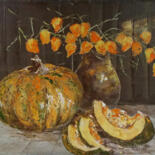 Painting titled "Still life with pum…" by Alla Ronikier, Original Artwork, Oil Mounted on Wood Stretcher frame