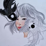 Dessin intitulée "Yin Yang- Koi Fish" par Ana Livia Perin Costa (naliviz Art), Œuvre d'art originale, Crayon