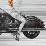 Dessin intitulée "Девушка на мотоцикле" par Anastasiia Rogova, Œuvre d'art originale, Marqueur