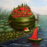 Картина под названием "Арбузный город" - Анжелика Ягодина, Подлинное произведение искусства, Масло Установлен на Деревянная…