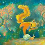 Painting titled "Squirrel and Snail" by Anita Zotkina, Original Artwork, Oil