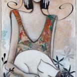 Painting titled "Femme au chat" by Armandine Js, Original Artwork, Acrylic