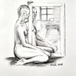 Drawing titled "Modell und Zeichner" by Arne Groh, Original Artwork, Charcoal