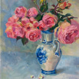 Painting titled "Roses in a blue vase" by Vera Grebennikova, Original Artwork, Oil