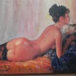 Painting titled "NUDA SUL LETTO" by Bruscella Donato, Original Artwork, Oil Mounted on Wood Stretcher frame