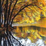 Dessin intitulée "AUTOMNE SUR LE LAC" par Catherine Wernette, Œuvre d'art originale, Pastel