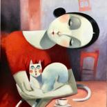 Peinture intitulée "La mujer y su gato" par Cesar Ayllón, Œuvre d'art originale, Huile