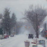 Painting titled "Snowy Street" by Charles Jiao, Original Artwork, Oil