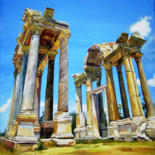 Painting titled "Greece Ruins" by Kristina Zelenskaya, Original Artwork, Gouache Mounted on Wood Panel